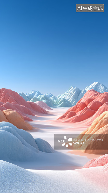 【AI数字艺术】梦幻雪山与粉色沙漠的奇幻景观图片素材