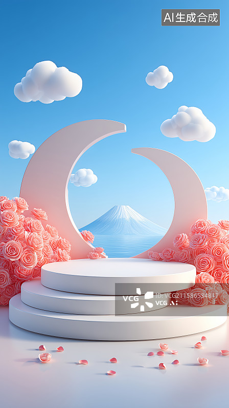 【AI数字艺术】樱花环绕的圆形拱门与雪山景观图片素材