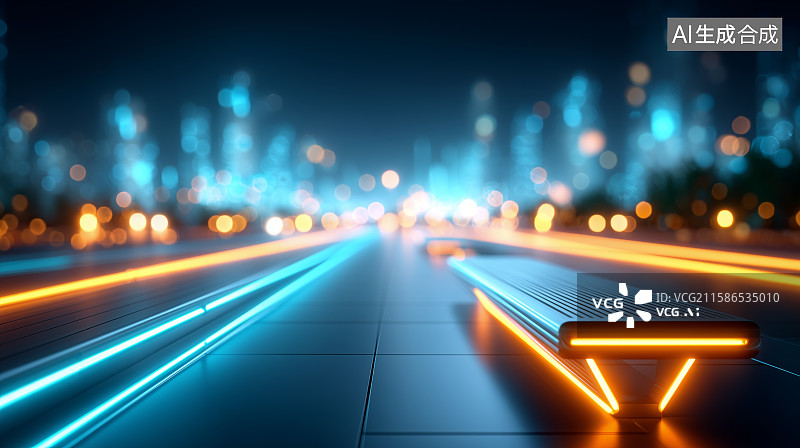 【AI数字艺术】城市夜景中的光轨与高楼图片素材