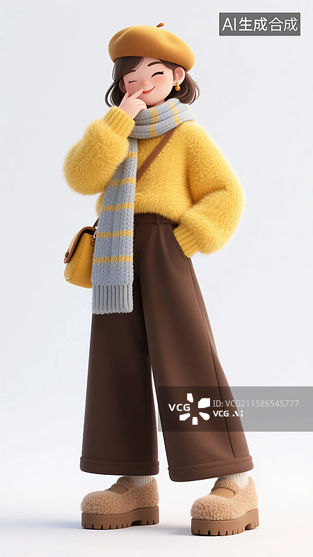 【AI数字艺术】捂嘴俏皮的3D黄毛衣女青年图片素材