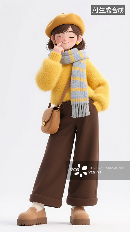 【AI数字艺术】捂嘴俏皮的3D黄毛衣女青年图片素材
