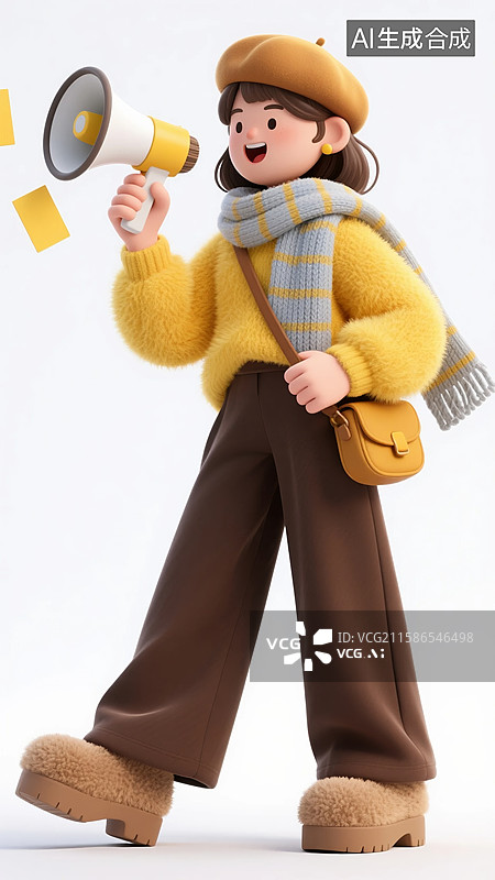 【AI数字艺术】拿着喇叭和优惠券的3D黄毛衣女青年图片素材