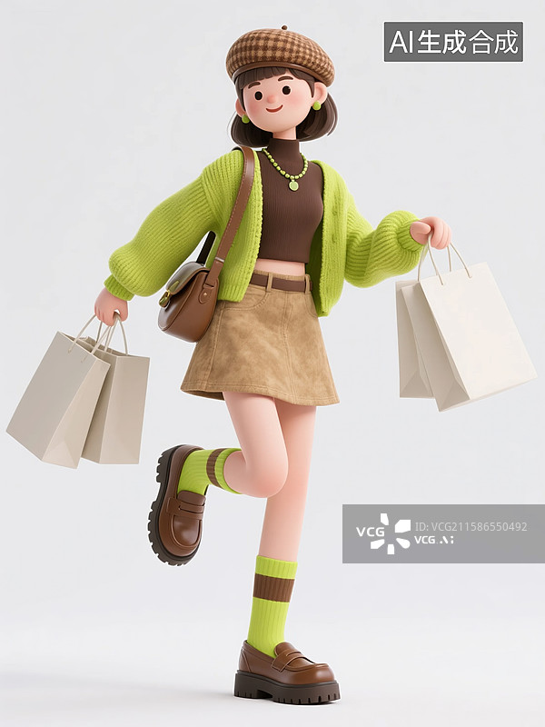 【AI数字艺术】购物的3D绿色毛衣美女图片素材