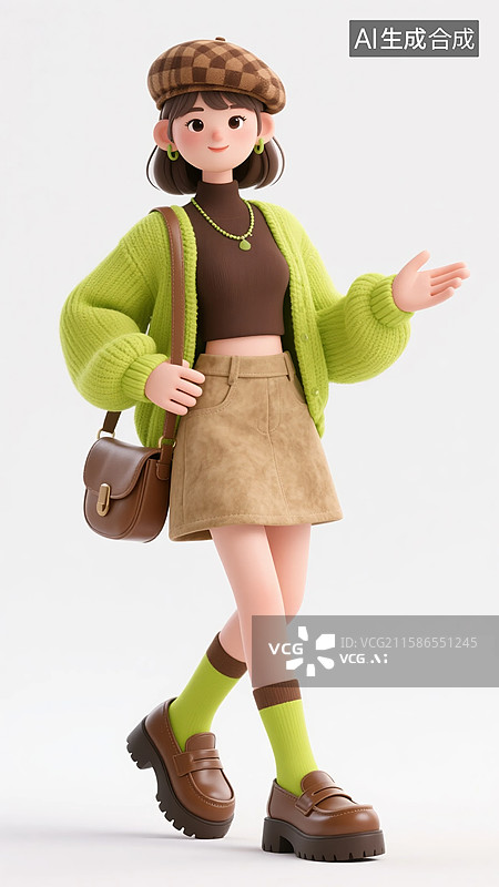 【AI数字艺术】邀请姿势的3D绿毛衣美女图片素材