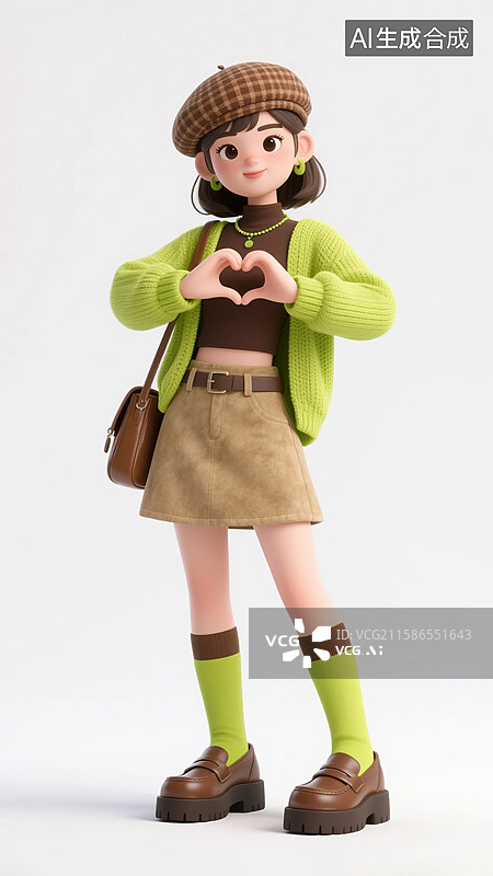 【AI数字艺术】比心手势的3D绿色毛衣美女图片素材