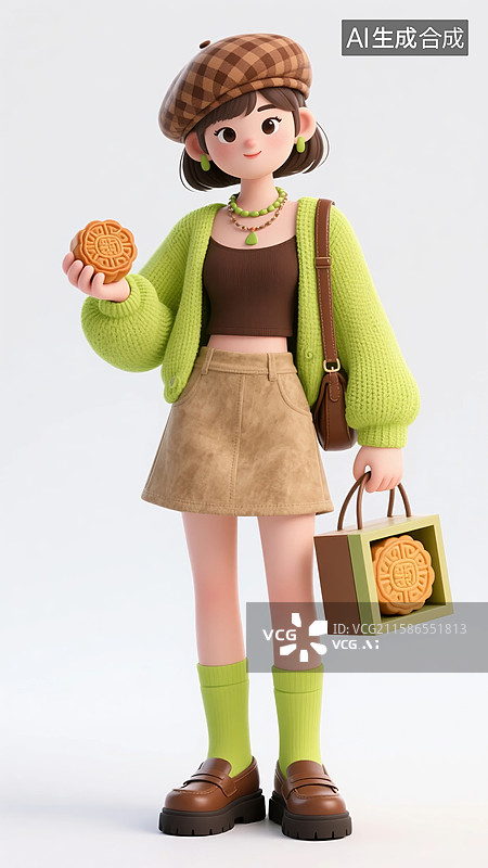 【AI数字艺术】拿月饼和礼盒的3D绿色毛衣美女图片素材