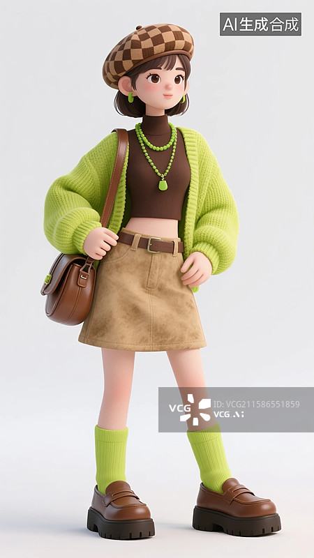 【AI数字艺术】摆酷姿势的3D绿色毛衣美女图片素材