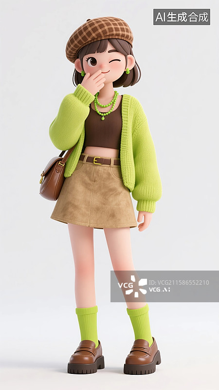 【AI数字艺术】捂嘴俏皮的3D绿色毛衣美女图片素材