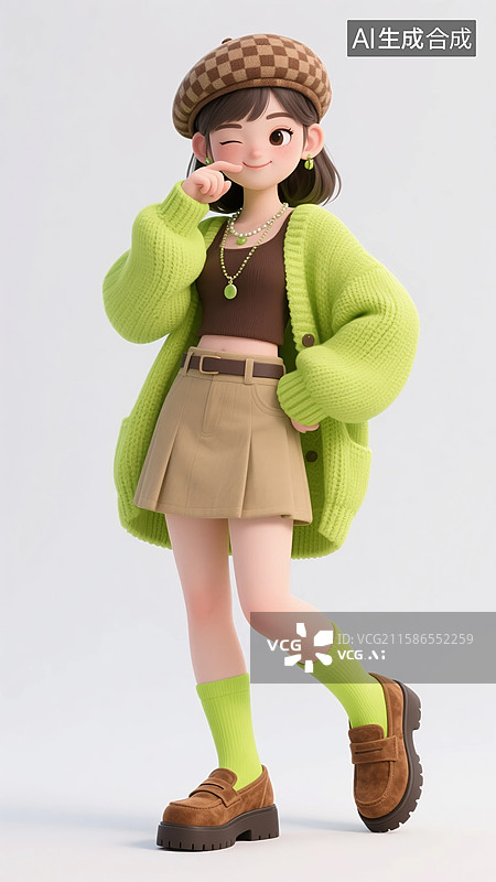 【AI数字艺术】捂嘴俏皮的3D绿色毛衣美女图片素材