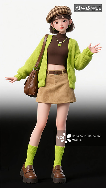 【AI数字艺术】打招呼的3D绿色毛衣美女图片素材
