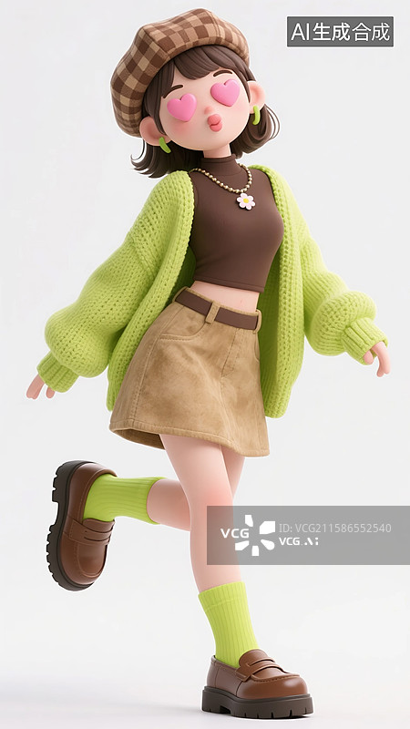【AI数字艺术】双眼爱心的3D绿色毛衣美女图片素材