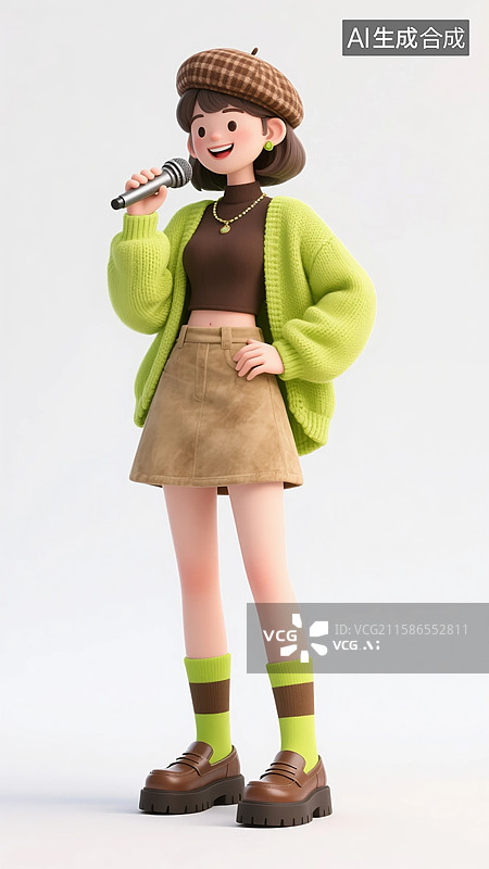 【AI数字艺术】拿着话筒唱歌的3D绿色毛衣美女图片素材