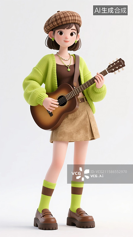 【AI数字艺术】拿着吉他演奏的3D绿色毛衣美女图片素材