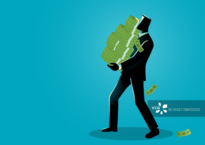 商人剪影与沉重的金钱堆叠图片素材