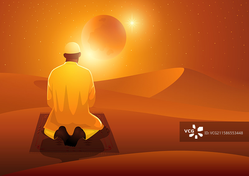 穆斯林在沙漠中祈祷的剪影（背面）图片素材