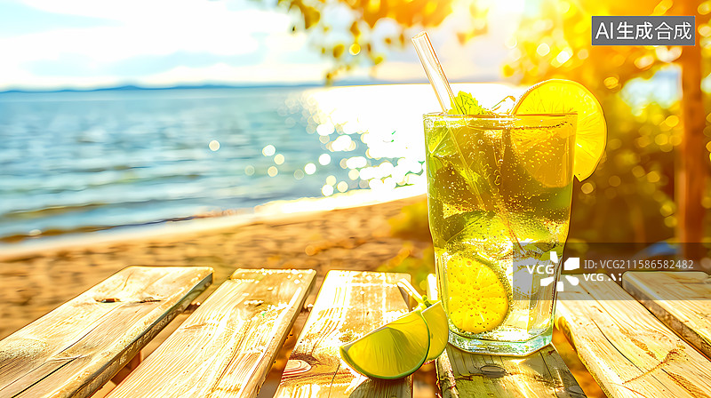 【AI数字艺术】海滩边的柠檬薄荷冰茶图片素材