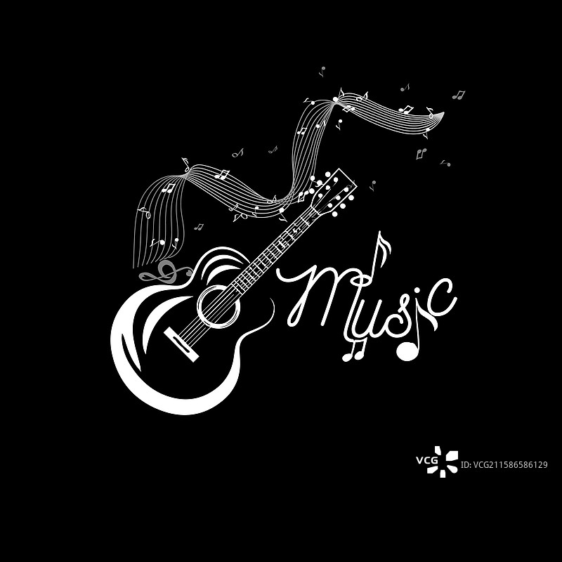 黑色背景上的吉他与音符抽象图案图片素材
