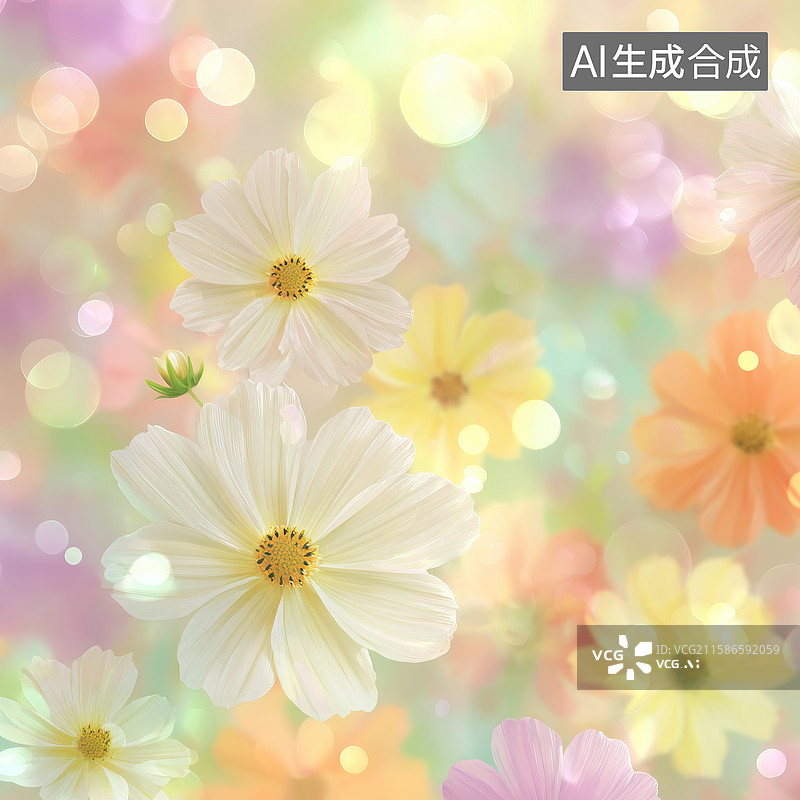 【AI数字艺术】色彩斑斓的大波斯菊与柔和光斑背景图片素材