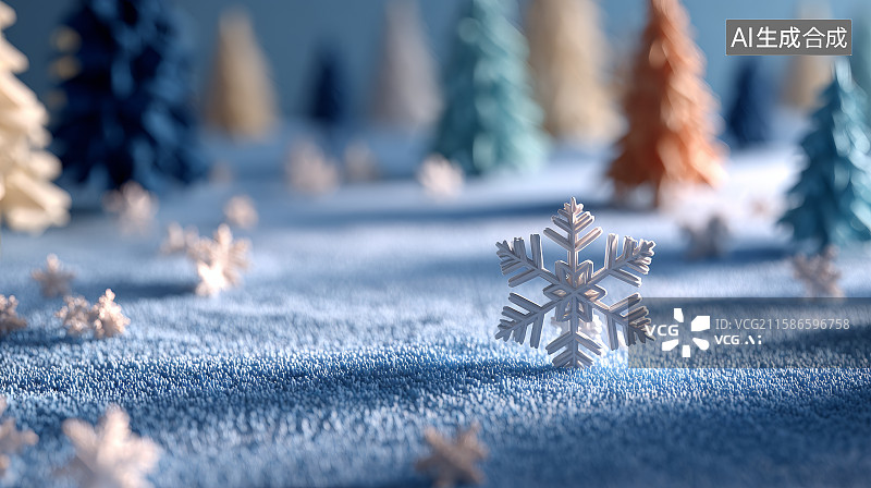 【AI数字艺术】雪地松树与蓝色雪花装饰图片素材