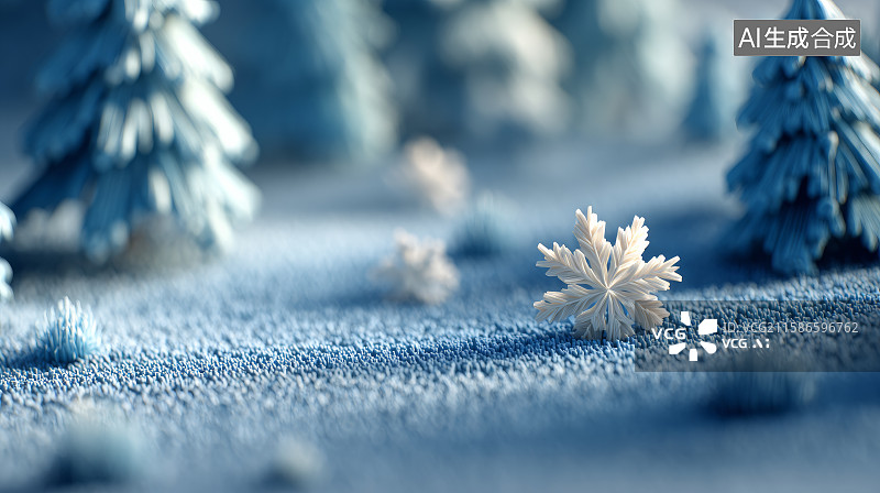 【AI数字艺术】雪地松树与蓝色雪花装饰图片素材