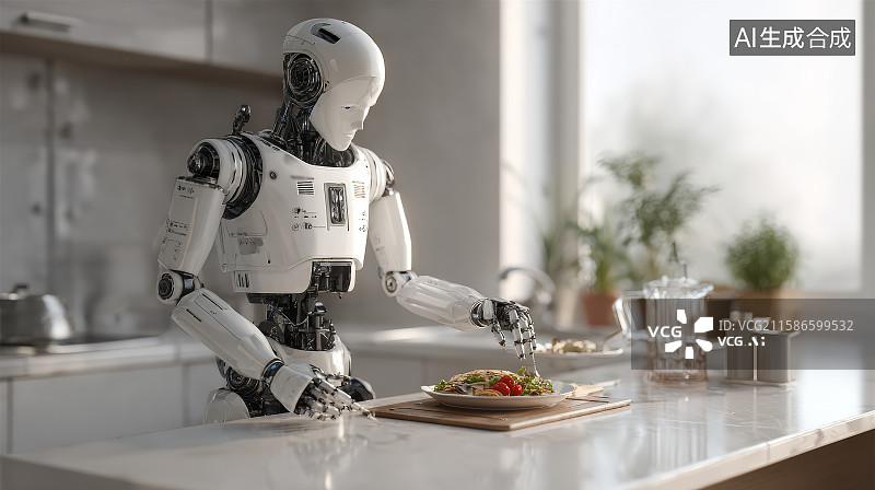 【AI数字艺术】机器人在厨房准备美食的场景图片素材