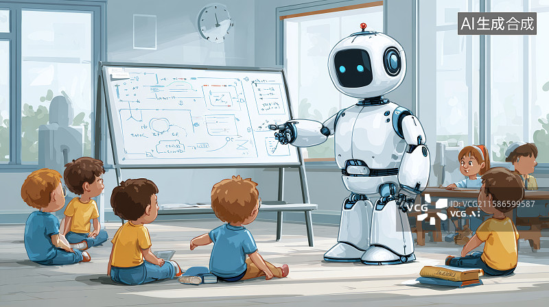 【AI数字艺术】可爱机器人在教室展示图片素材