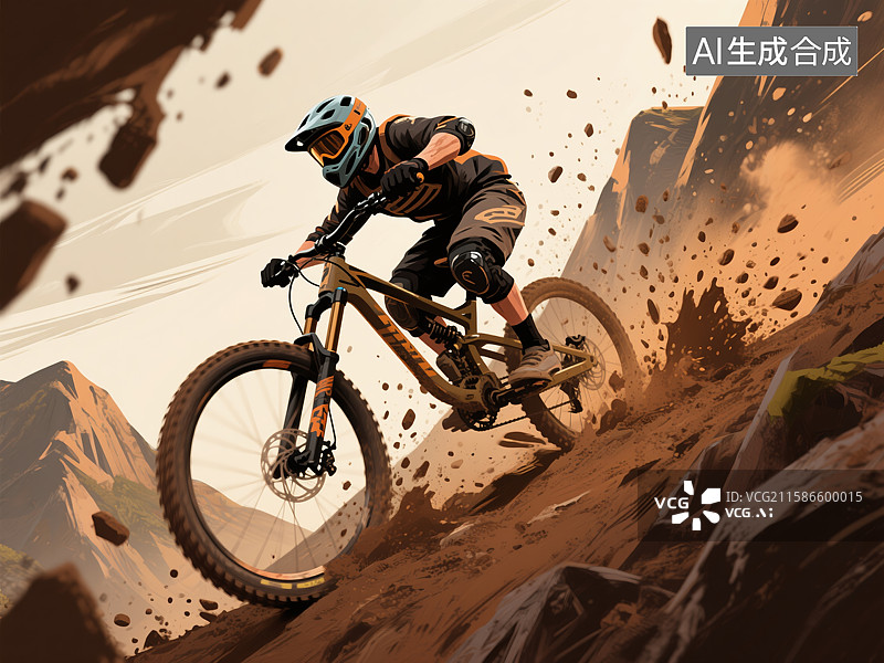 【AI数字艺术】山地自行车手疾驰下坡图片素材