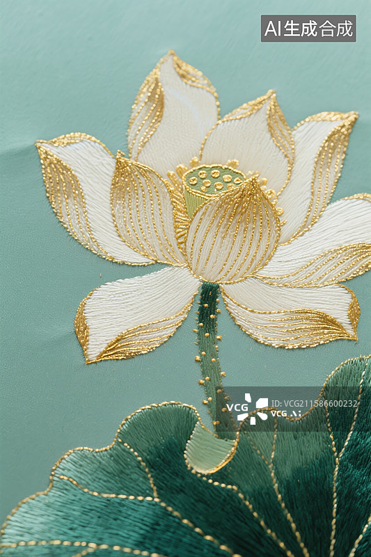 【AI数字艺术】精致刺绣莲花与荷叶图片素材