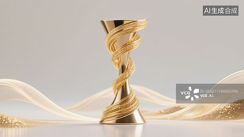 【AI数字艺术】金色螺旋奖杯与流动丝带图片素材