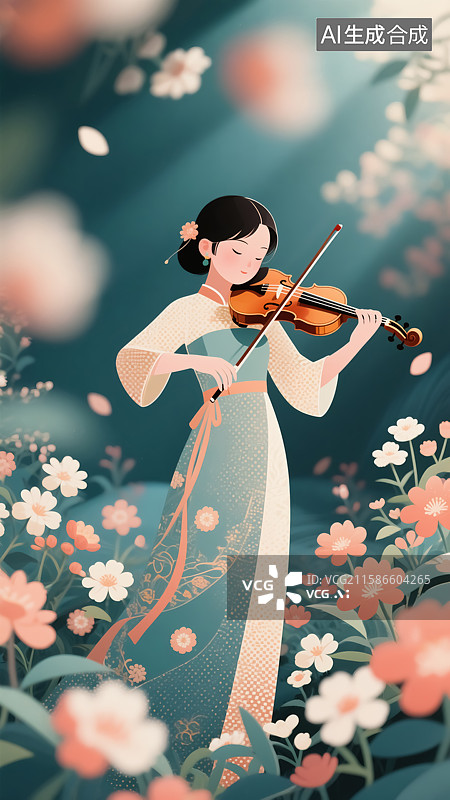 【AI数字艺术】花园里拉小提琴的女生插画图片素材
