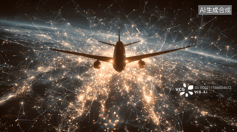 【AI数字艺术】夜空中的飞机与地球灯火图片素材