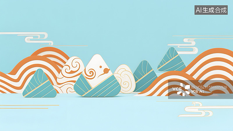 【AI数字艺术】山水间的端午粽子插画图片素材