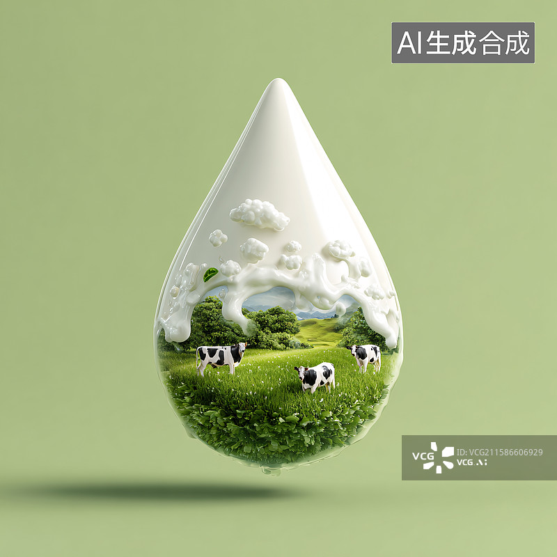 【AI数字艺术】牛奶滴中的奶牛牧场图片素材