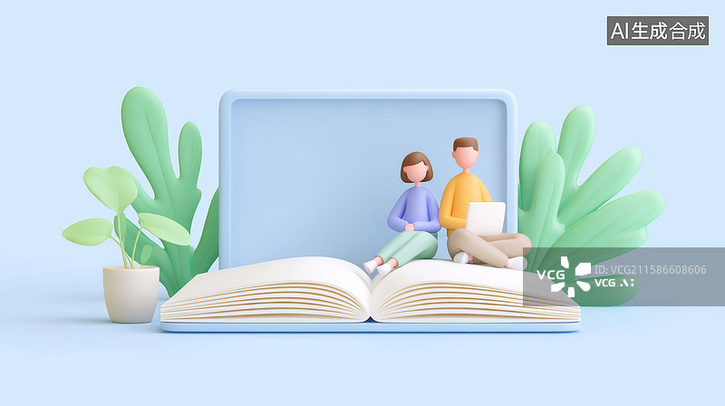 【AI数字艺术】两个人坐在书上图片素材