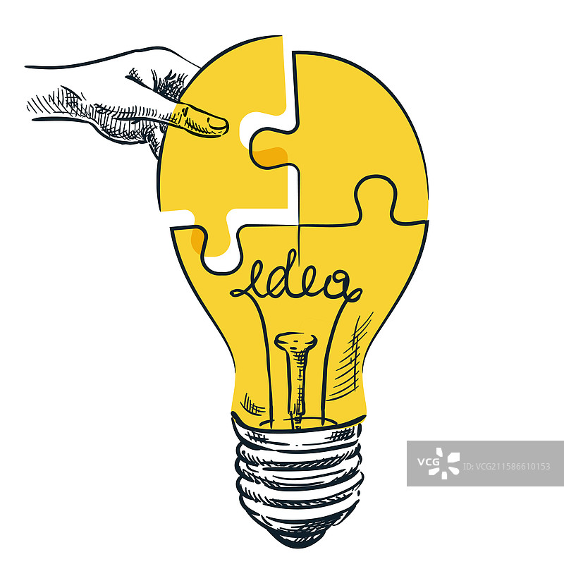 成功拼合灯泡形状的手部拼图图片素材