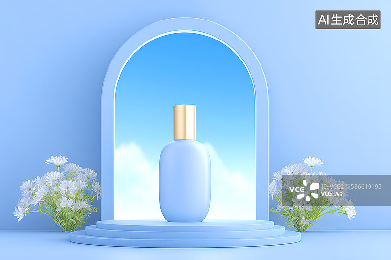 【AI数字艺术】蓝色展台上的化妆品图片素材