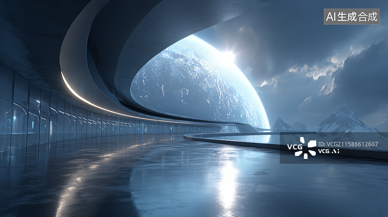 【AI数字艺术】未来感太空观景台与地球景象图片素材
