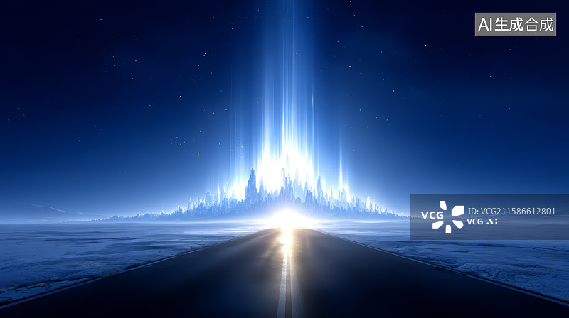 【AI数字艺术】夜空下通向发光城市的道路图片素材