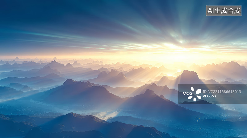 【AI数字艺术】壮丽日出下的山脉景观图片素材