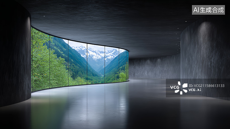 【AI数字艺术】现代室内弧形玻璃墙外的山景图片素材