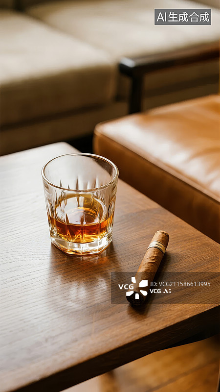 【AI数字艺术】木桌上的威士忌与雪茄图片素材