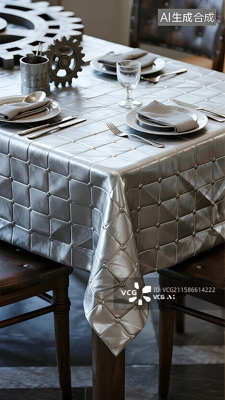 【AI数字艺术】银色绗缝桌布的餐桌布置图片素材