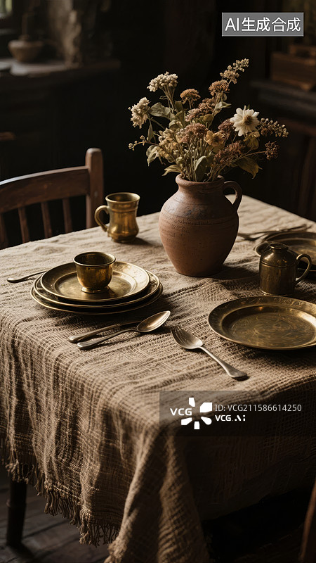 【AI数字艺术】复古餐桌布置，陶罐花束与铜器图片素材