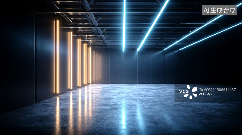【AI数字艺术】带有明亮霓虹灯的现代空房间图片素材