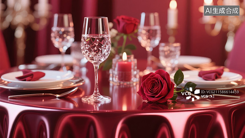【AI数字艺术】浪漫餐桌布置，红色玫瑰与烛光点缀图片素材