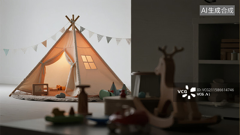 【AI数字艺术】室内儿童帐篷与玩具布置图片素材