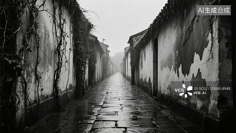 【AI数字艺术】雨后古巷，青石板路两旁斑驳墙面图片素材