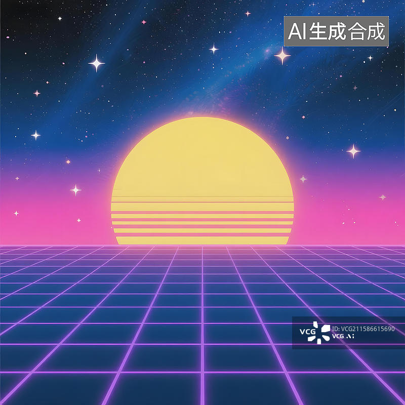 【AI数字艺术】复古未来主义风格的网格日落图片素材