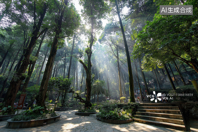 【AI数字艺术】阳光穿透的森林秘境图片素材