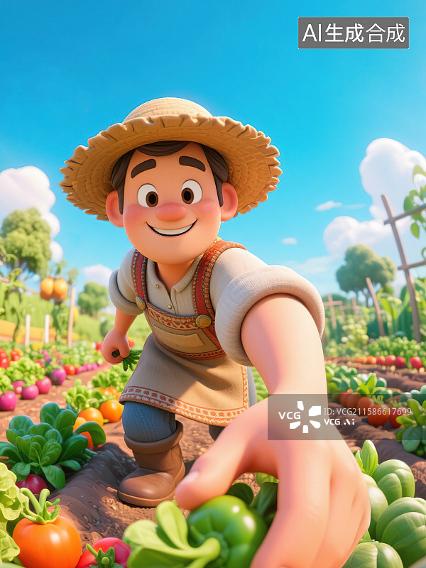 【AI数字艺术】农民面带笑容伸出手在菜园劳作采摘农作物果蔬秋天收获鱼眼镜头360度大透视3D 动画风格三维立体插图图片素材